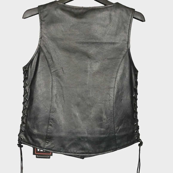 Unik Premium Women Sz M Black Leather Snap Front Vest Side Laces Paisley Liner - Picture 6 of 16